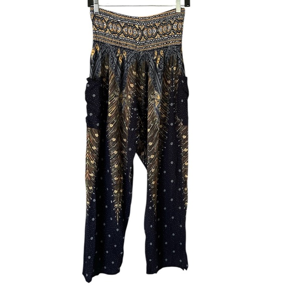 2 x $12 Happy Trunks Peacock Print Harem Boho Pants Navy Orange Size L - Picture 4 of 15